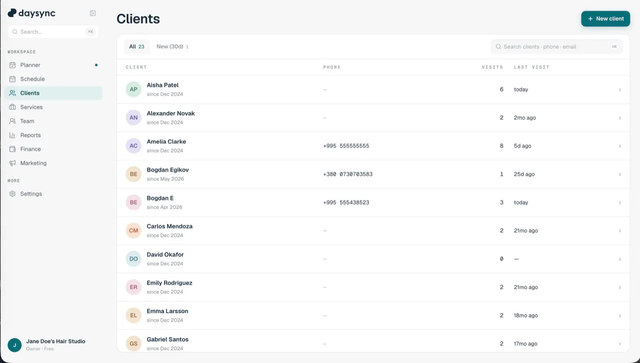 DaySync Clients on the web — every client with visits and preferences