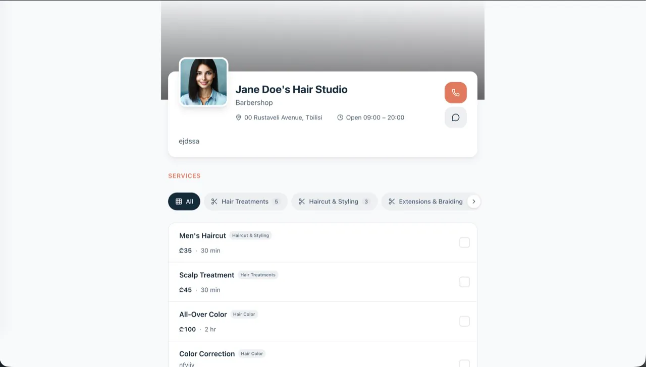 DaySync online booking page on the web — clients pick a service and a slot